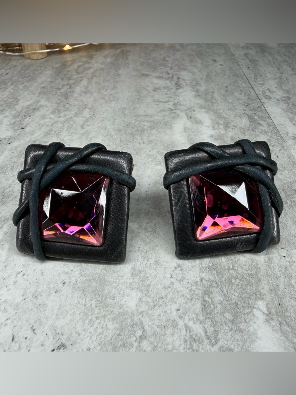 Vintage Clip Earrings Chunky Rhinestone Leather Square Statement Jewelry